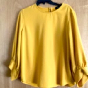 This is a beautiful gold blouse with voluminous sleeves and a peekaboo back.
